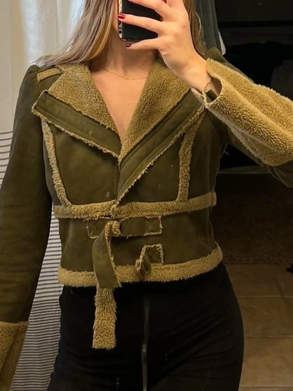 Olive Shearling-Trim Women's Teddy Jacket